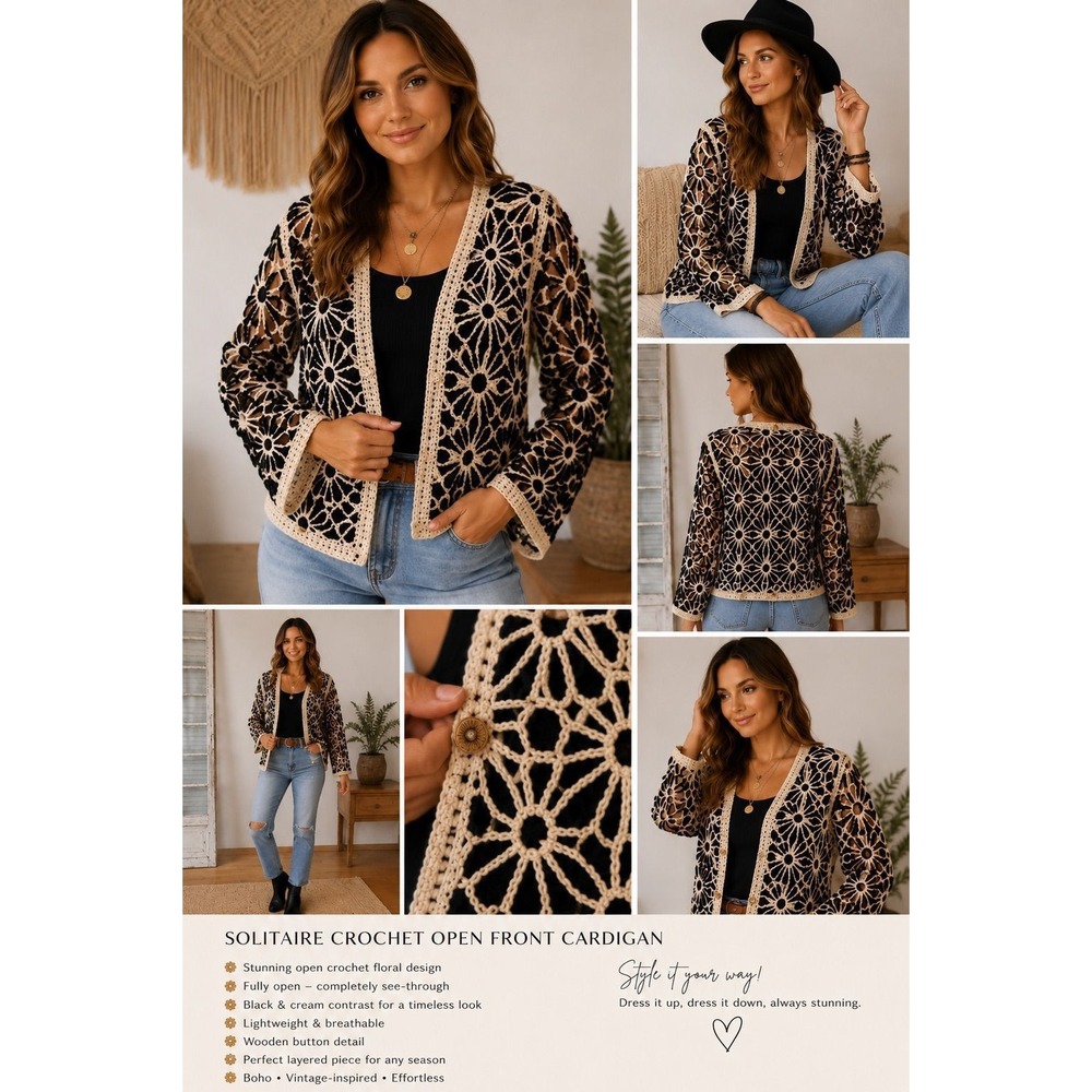 Solitaire Black & Cream Floral Crochet Cardigan | Open Front Boho Sweater | M